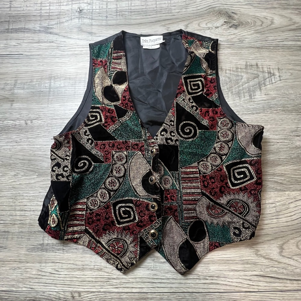 Tres Paquette Vest Womens Medium Black Multi Abstract Velvet Glitter Vintage 90s